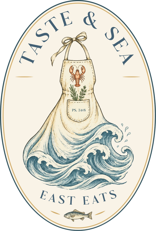 Taste & Sea East Eats — hand-drawn oval badge logo: a cream apron with a lobster, fresh herbs and Ps. 34:8 on the pocket, flowing into ocean waves